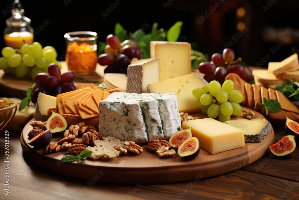 Assorted tasty cheeses on a wooden board on a table