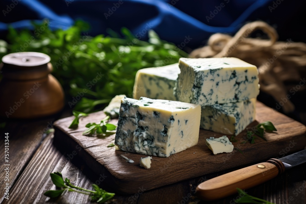 Blue cheese on a wooden surface with burlap Chunks of Dorblu cheese Blue cheese on a wooden surface with burlap Chunks of Dorblu cheese