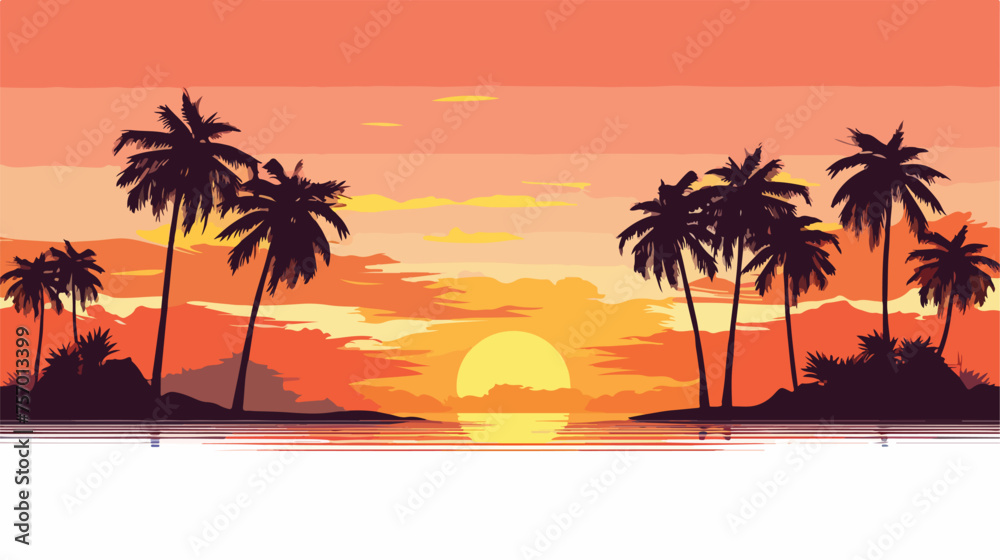 Sunset behind palm trees flat vector 