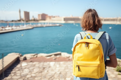 A close up shot of a trendy yellow backpack and a map typically favored by hipsters The viewpoint is from the front with a background featuring the vibrant blue sea of an aquarium