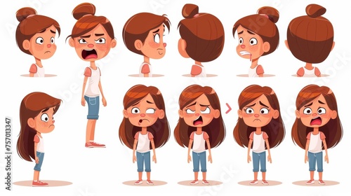 Animated cartoon illustration of little girl and different lip positions when speaking the letters of the english alphabet, with sad and angry feelings. photo