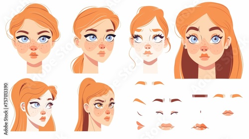 The girl face construction kit contains various types of eyes, brows, noses, lips, and haircuts for creating the female avatar.