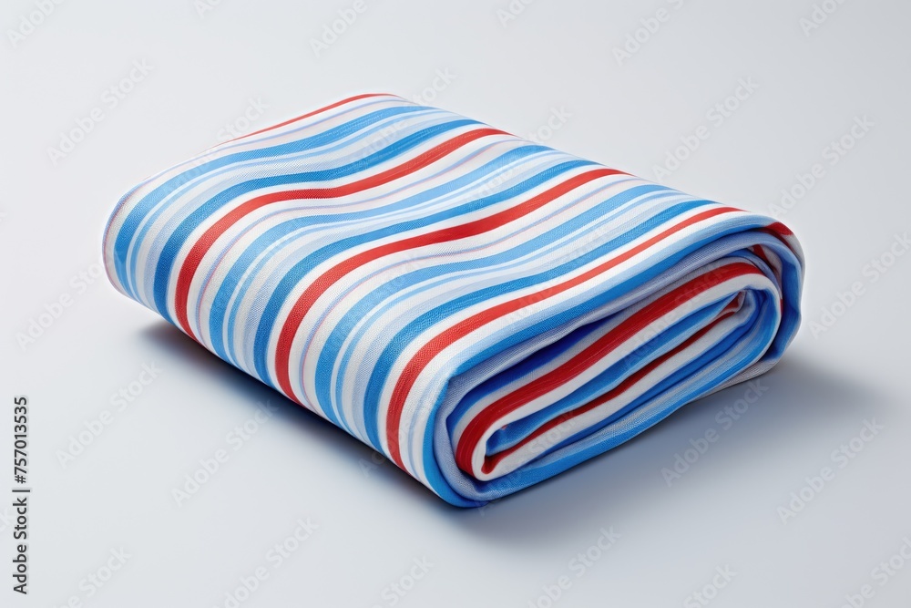 A folded beach towel made of striped material presented on a white background separate from other objects A folded beach towel made of striped material presented on a white background separate from other objects