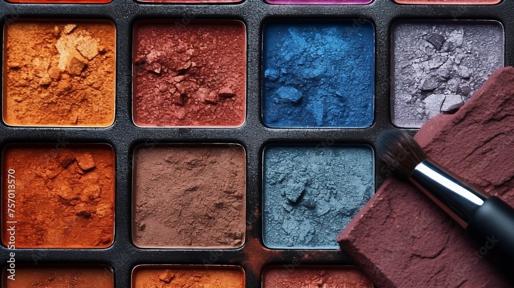 Fototapeta premium Makeup Palette with Various Colors of Eyeshadow and Brush 
