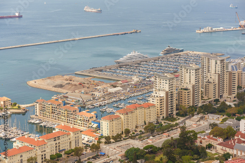 view from the heights of the city and the sea port of Gibraltar with all its ships docked