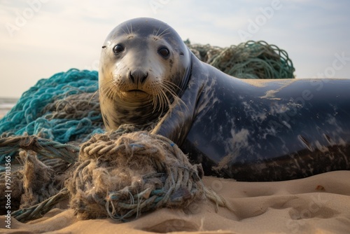A Grey Seal at Horsey Beach in Norfolk England was sadly entangled in a portion of fishing net which was distressing and subsequently reported to the nearby animal welfare authori