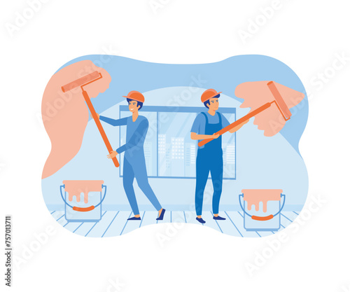 Home renovation with paint painter job contractor worker doing indoor maintenance. flat vector modern illustration
