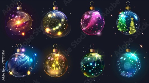 The Christmas tree glass globe decorations set. Detailed modern illustration of colorful xmas balls with bright sparkles  and a New Year crystal sphere with twinkling lights. Toy bubble ornaments for
