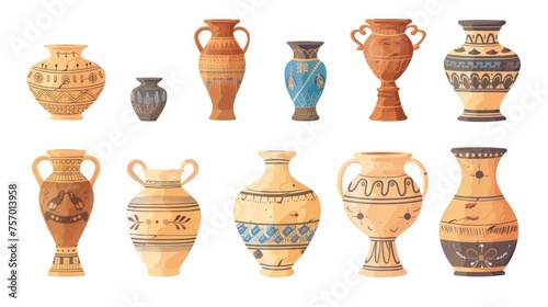 Artifacts made of ancient pottery with cracks decorated in traditional patterns. Cartoon modern illustration of cracked ceramic handcraft crockery. Greek historical treasures made of earthenware.