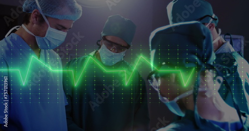Image of neon heart rate over diverse surgeons during operation © vectorfusionart