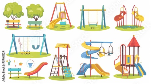 Children's outdoor active leisure playsets and playground swings and slides. Cartoon modern illustration set of playground equipment for public city kids garden or kindergarten. photo