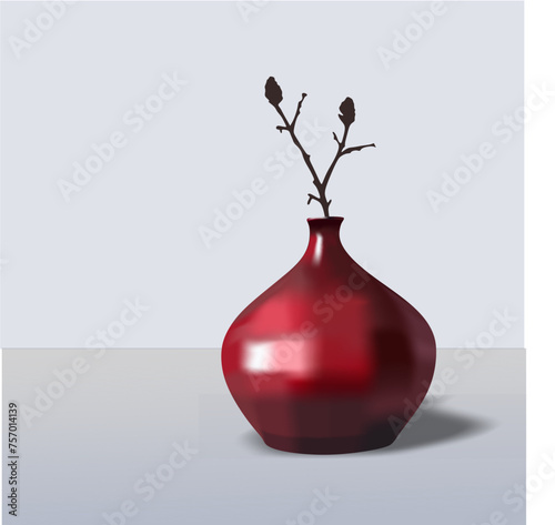 red vase with twigs on the table