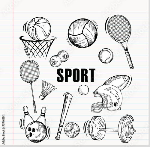 Sport equipment doodle set, hand drawn vector illustration, sketch on white paper background