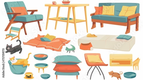 A cartoon set of cafeteria chairs, tables, and sofas with pillows, feeding bowls, beds, and toys for pets. A public place for eating and relaxing with domestic animals.