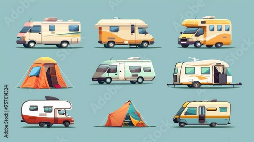 Designed as a cartoon modern illustration set of a family camper van and tent for summertime recreational adventures. Used motorhome or RV trailer vehicle. photo