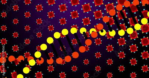 Image of dna over red cells on violet background