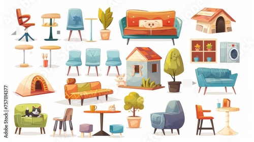 Set of pet-friendly cafe design elements isolated on white background. Illustration depicts a coffee shop interior with furniture, a dog house and toys, a couch with pillows, and a table.