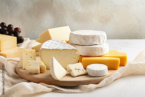 Different types of cheese from Spain France and Italy Minimalistic background with empty space gray tablecloth on table