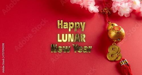 Image of happy lunar new year ext over chinese pattern on red background