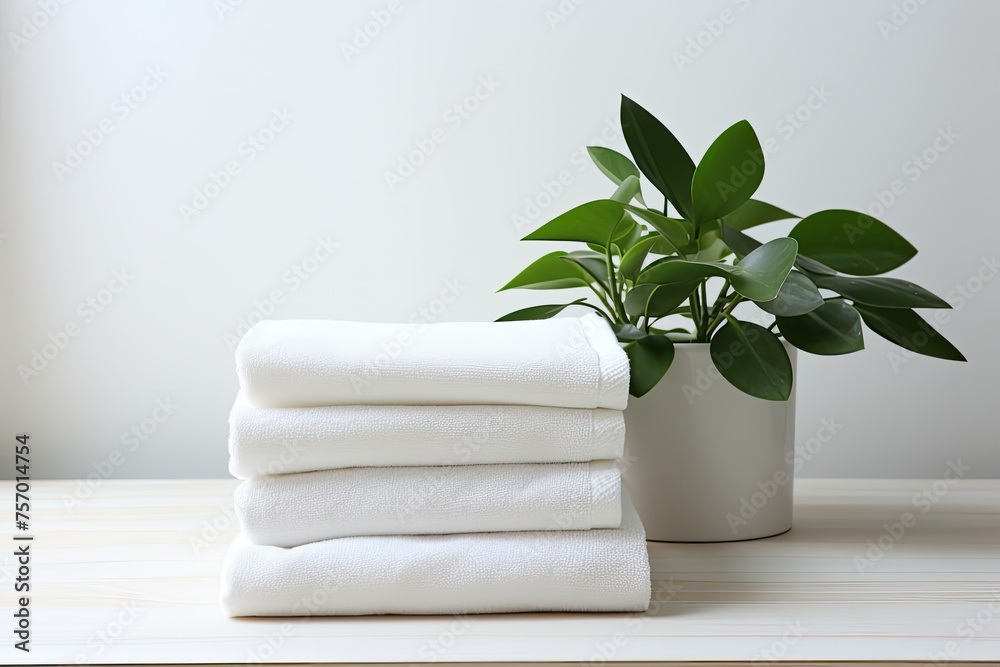 A white table with a stack of white towels and a houseplant offering empty space for text