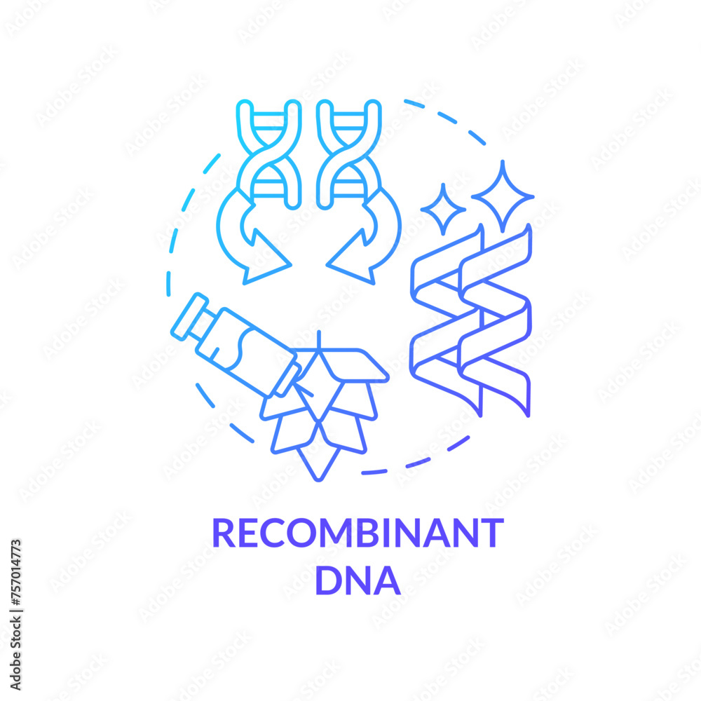 Recombinant DNA blue gradient concept icon. Genome sequencing, rna interference. Crop improvement. Round shape line illustration. Abstract idea. Graphic design. Easy to use in article, blog post Recombinant DNA blue gradient concept icon. Genome sequencing, rna interference. Crop improvement. Round shape line illustration. Abstract idea. Graphic design. Easy to use in article, blog post