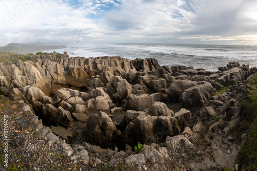 The Pancake Rocks and Blowholes are a coastal rock formation at Punakaiki on the West Coast of the South Island of New Zealand