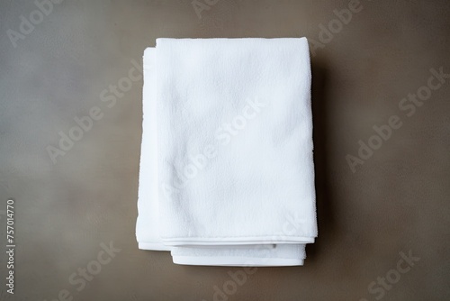 A white towel neatly folded and placed on a clean surface seen from a top perspective