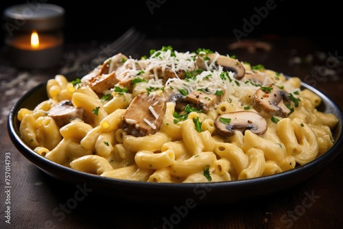 Mac and cheese with chicken and mushrooms
