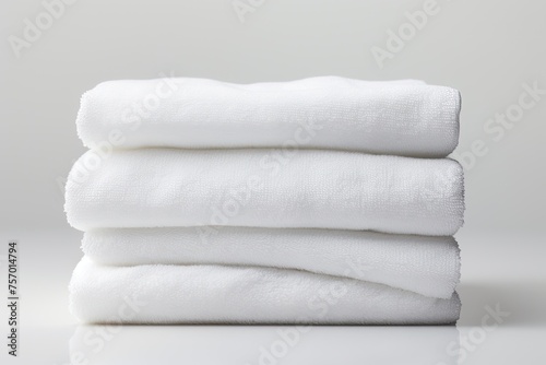 A white towel that has been folded neatly and is standing alone on a white background photo