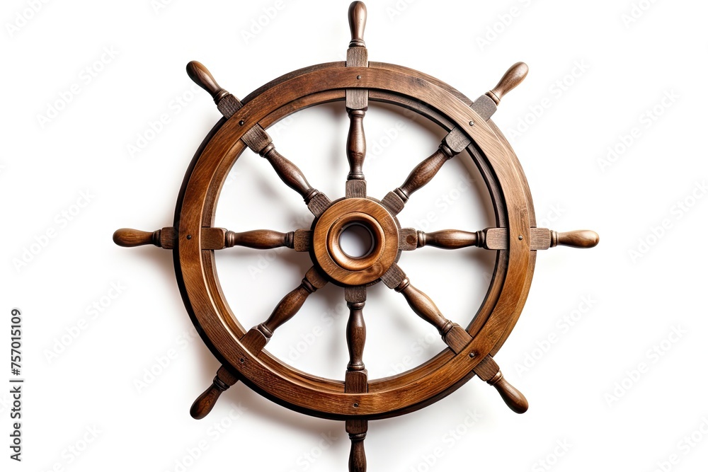 Vintage wooden ship steering wheel isolated on white old ship