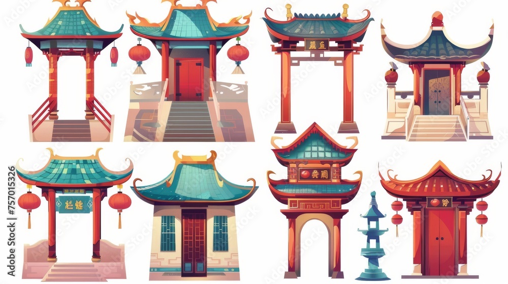 An antique Chinese pavilion entrance with a roof, stairs, and lanterns. Cartoon modern illustration set of oriental buildings with arch gates. An antique Chinese pavilion entrance with a roof, stairs, and lanterns. Cartoon modern illustration set of oriental buildings with arch gates.