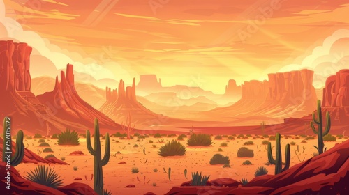 A cartoon modern illustration of a western desert landscape during a sandstorm. It shows rock cliff mountains, green trees, wind and dust in the air, and cloudy mud skies.