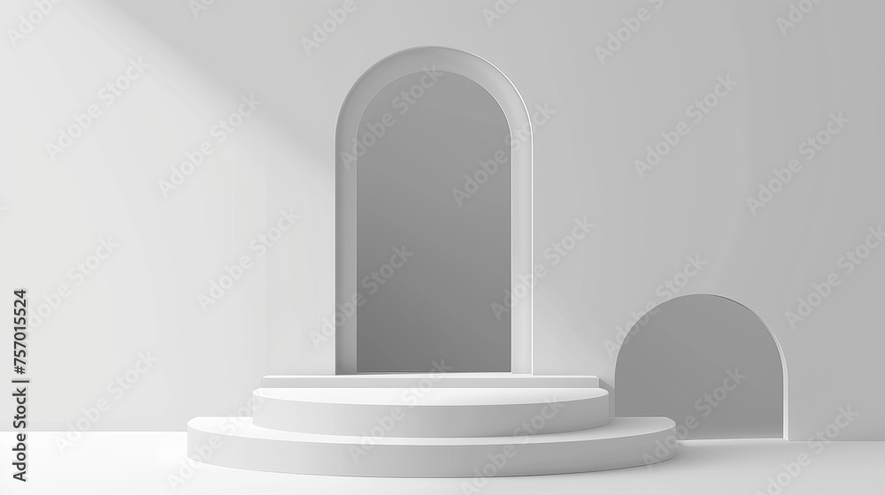 Detailed modern illustration of a window or hole in the wall with a product podium behind it. A minimalistic white platform and pedestal with arch and square shapes for displaying goods. Detailed modern illustration of a window or hole in the wall with a product podium behind it. A minimalistic white platform and pedestal with arch and square shapes for displaying goods.