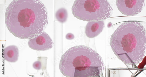 Image of red blood cells over laboratory dishes on white background