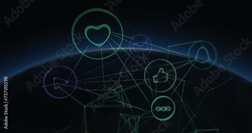 Image of network of connections with digital icons and data processing on screens over globe