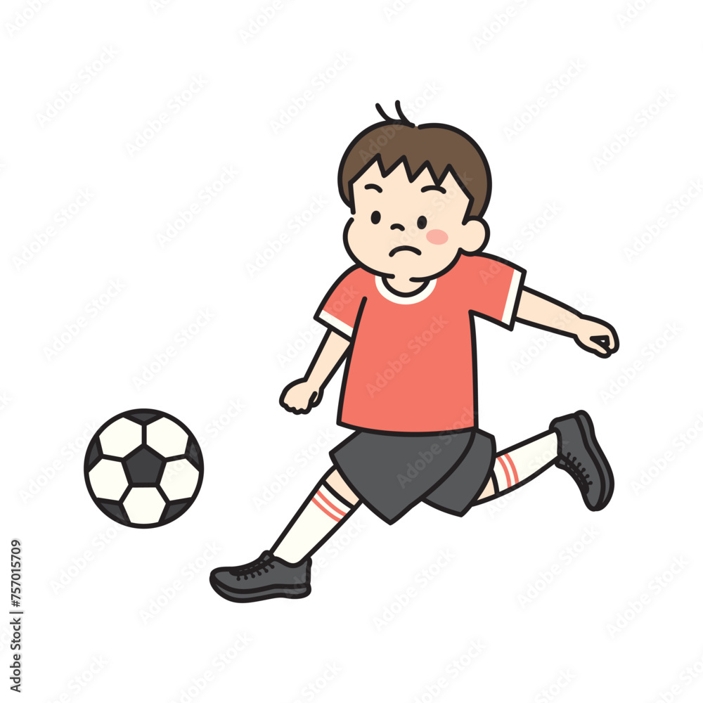 サッカーの試合でドリブルをする男の子のイラスト サッカーの試合でドリブルをする男の子のイラスト