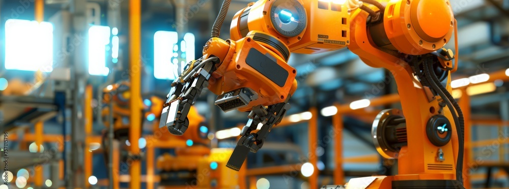 Advanced industrial robotics in action within a high-tech manufacturing plant Advanced industrial robotics in action within a high-tech manufacturing plant