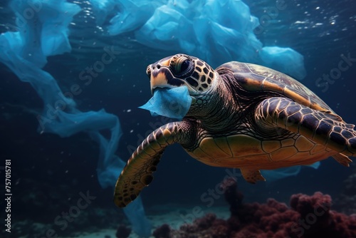An image has been digitally altered to depict a sea turtle approaching a surgical mask as its potential meal This photo manipulation serves as a visual representation of the detri photo