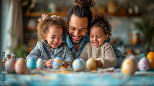 joyfully mixed race family painting Easter eggs at home. kids and father prepare for Easter