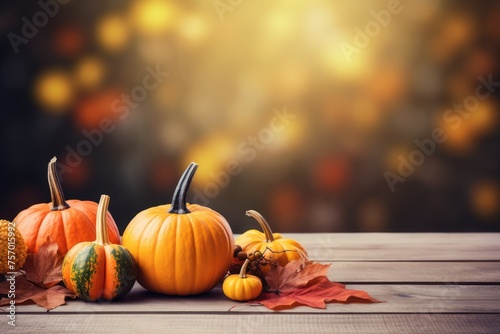 Autumn themed scene with pumpkins leaves and berries on wooden table Background with space for text Banner
