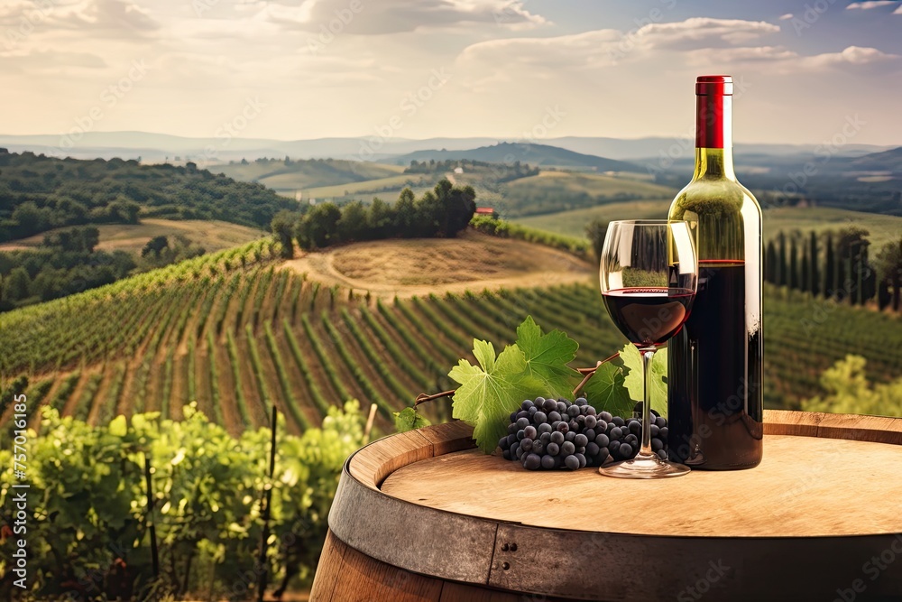 Barrel aged red wine in Tuscan vineyard