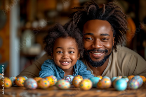 cute African American family painting Easter eggs at home. father and daughter prepare for Easter