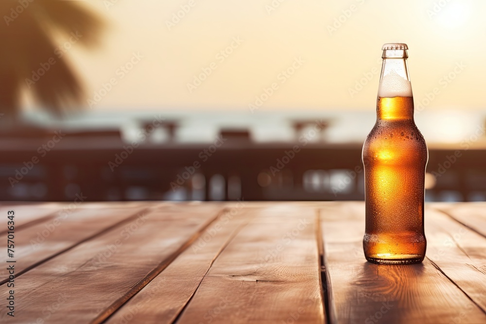 Beer bottle on wet wooden table hazy sea in the background summer atmosphere Beer bottle on wet wooden table hazy sea in the background summer atmosphere