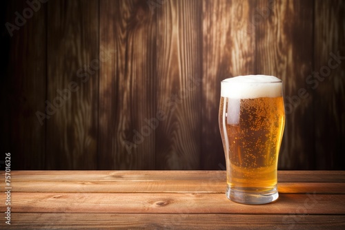 Beer and wood with copy space glass on background