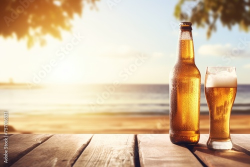 Beer bottle and glass on wooden table Blurry sparkling sea in background Summer atmosphere