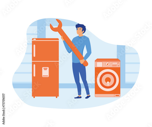 Home appliance repair technician service with washing machine, refrigerator elements. flat vector modern illustration