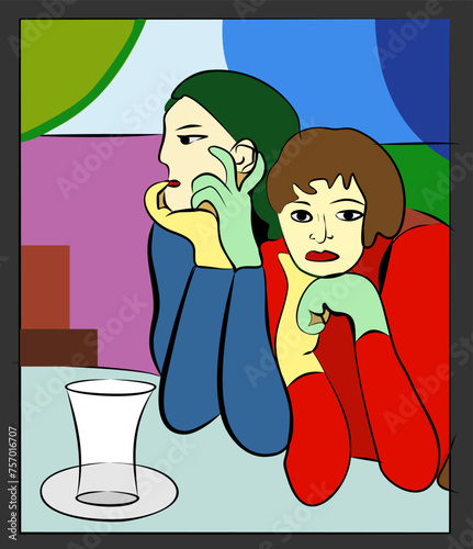 Colorful background,2 disgruntled women at the bar