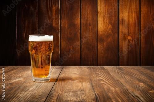 Beer glass on wooden surface with empty area for text