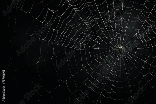 Black background with artificial spider web horror themed Halloween decor
