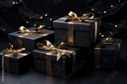 Black Christmas theme with square boxed gifts wrapped in black paper and ribbon arranged on black